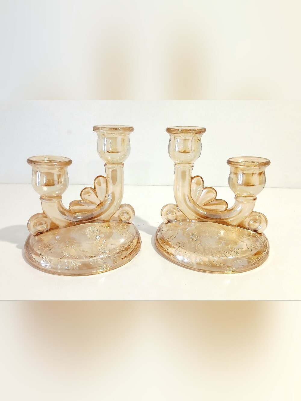 Vintage Jeanette Marigold Glass Double Candle Holders - Set of 2